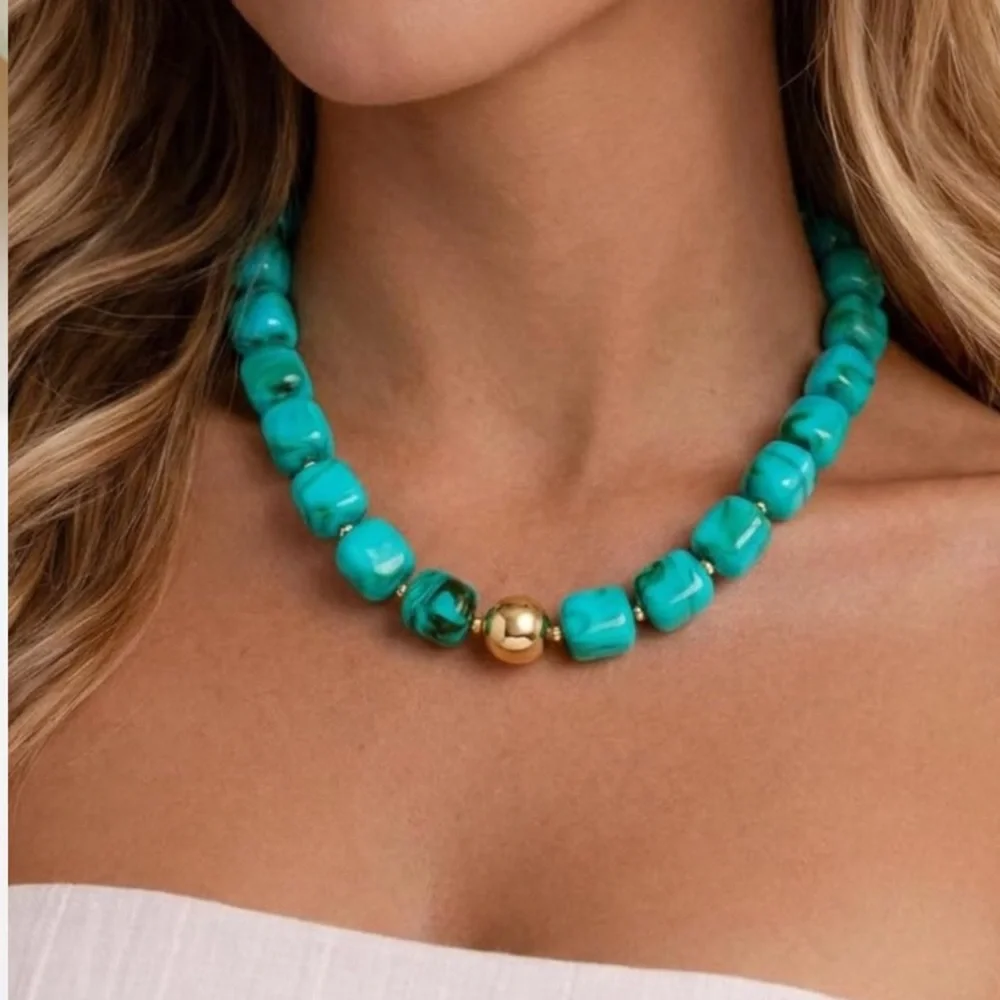 14k Gold Plated Turquoise Marbled Dopamine Beaded Necklace with Gold Accent new